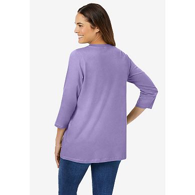Woman Within Plus Size Perfect Three-Quarter Sleeve V-Neck Tee