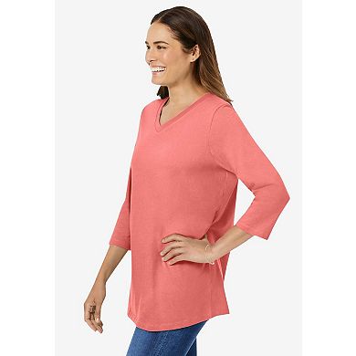 Woman Within Plus Size Perfect Three-Quarter Sleeve V-Neck Tee