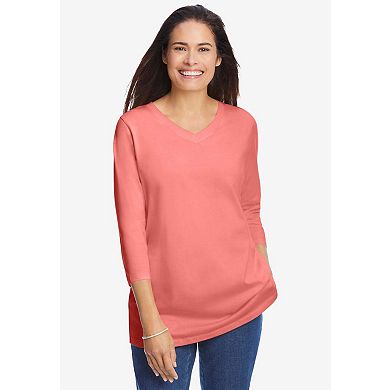 Woman Within Plus Size Perfect Three-Quarter Sleeve V-Neck Tee