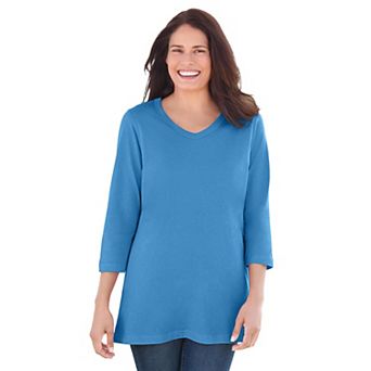 Woman Within Plus Size Perfect Three-Quarter Sleeve V-Neck Tee