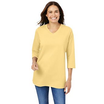 Woman Within Plus Size Perfect Three-Quarter Sleeve V-Neck Tee