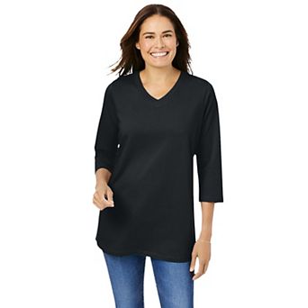 Woman Within Plus Size Perfect Three-Quarter Sleeve V-Neck Tee