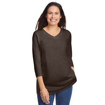 Woman Within Plus Size Perfect Three-Quarter Sleeve V-Neck Tee