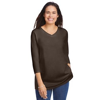 Woman Within Plus Size Perfect Three-Quarter Sleeve V-Neck Tee