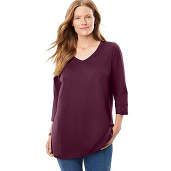 Woman Within Plus Size Perfect Three-Quarter Sleeve V-Neck Tee