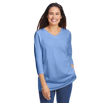 Woman Within Plus Size Perfect Three-Quarter Sleeve V-Neck Tee