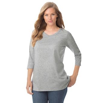 Woman Within Plus Size Perfect Three-Quarter Sleeve V-Neck Tee
