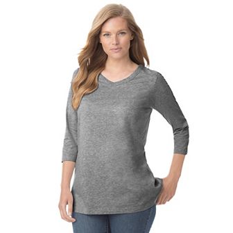 Woman Within Plus Size Perfect Three-Quarter Sleeve V-Neck Tee