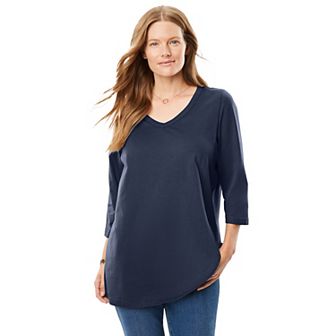 Woman Within Plus Size Perfect Three-Quarter Sleeve V-Neck Tee