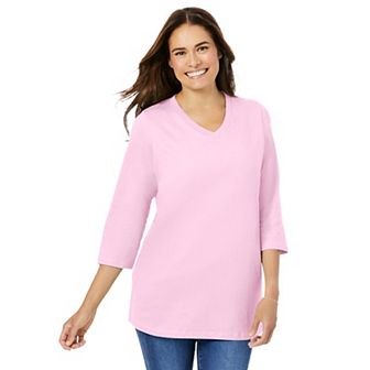 Woman Within Plus Size Perfect Three-Quarter Sleeve V-Neck Tee