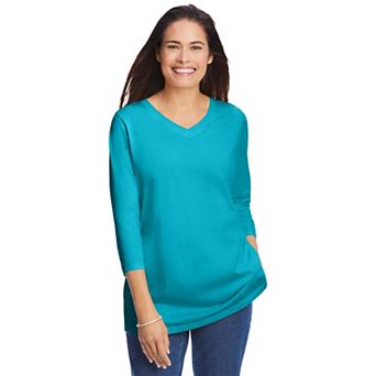 Woman Within Plus Size Perfect Three-Quarter Sleeve V-Neck Tee