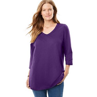 Woman Within Plus Size Perfect Three-Quarter Sleeve V-Neck Tee