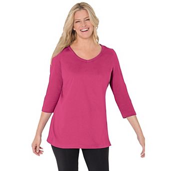 Woman Within Plus Size Perfect Three-Quarter Sleeve V-Neck Tee