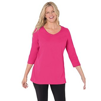 Woman Within Plus Size Perfect Three-Quarter Sleeve V-Neck Tee
