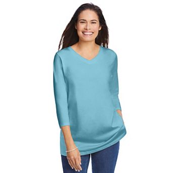 Woman Within Plus Size Perfect Three-Quarter Sleeve V-Neck Tee
