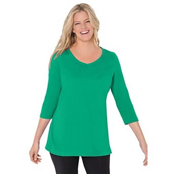 Woman Within Plus Size Perfect Three-Quarter Sleeve V-Neck Tee