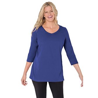 Woman Within Plus Size Perfect Three-Quarter Sleeve V-Neck Tee