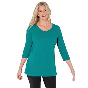 Woman Within Plus Size Petite Perfect Three-Quarter Sleeve V-Neck Tee