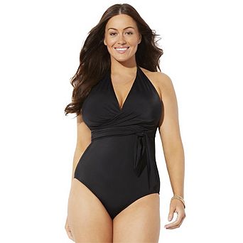 Swimsuits for All Women's Faux Wrap Halter One Piece Swimsuit