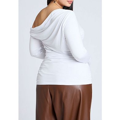 ELOQUII Women's Plus Size Ruched One Shoulder Tee With Thumbhole Sleeve