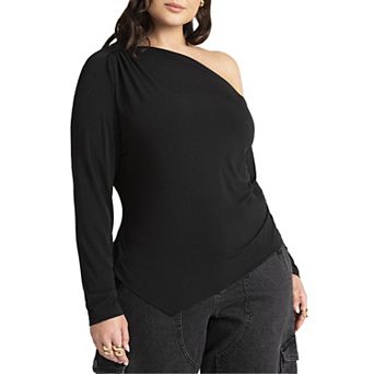 ELOQUII Women's Plus Size Ruched One Shoulder Tee With Thumbhole Sleeve