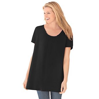 Woman Within Plus Size Perfect Short-Sleeve Shirred U-Neck Tunic