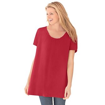 Woman Within Plus Size Perfect Short-Sleeve Shirred U-Neck Tunic