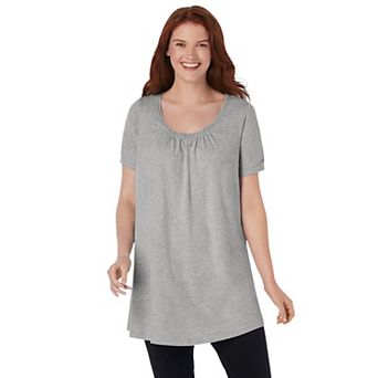 Woman Within Plus Size Perfect Short-Sleeve Shirred U-Neck Tunic