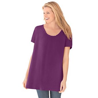Woman Within Plus Size Perfect Short-Sleeve Shirred U-Neck Tunic