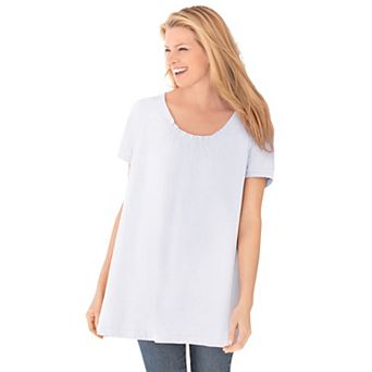 Woman Within Plus Size Perfect Short-Sleeve Shirred U-Neck Tunic