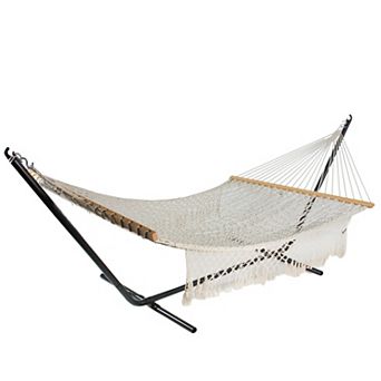 74" White Lattice Macrame Rope Hammock with Wooden Bars