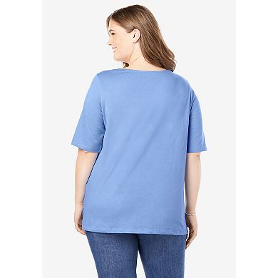 Woman Within Plus Size Perfect Elbow-Sleeve Square-Neck Tee