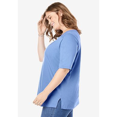 Woman Within Plus Size Perfect Elbow-Sleeve Square-Neck Tee