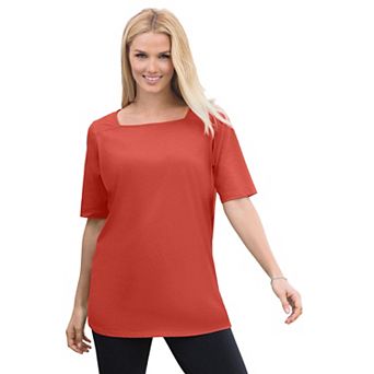 Woman Within Plus Size Perfect Elbow-Sleeve Square-Neck Tee