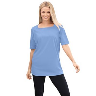 Woman Within Plus Size Perfect Elbow-Sleeve Square-Neck Tee