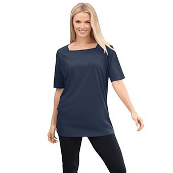 Woman Within Plus Size Perfect Elbow-Sleeve Square-Neck Tee