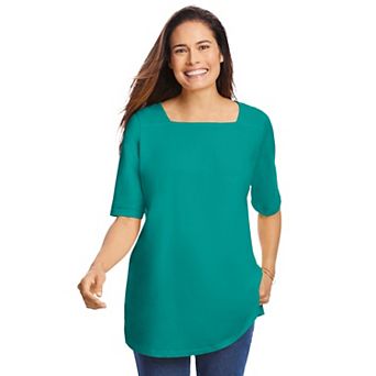 Woman Within Plus Size Perfect Elbow-Sleeve Square-Neck Tee