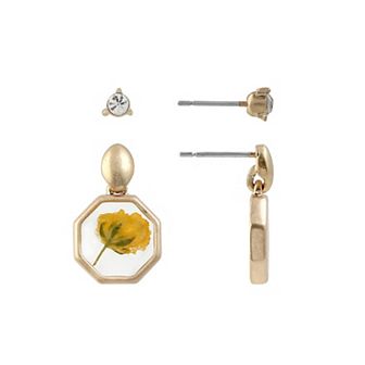 Bella Uno 2-Pair Worn Gold Tone Cubic Zirconia Stud & Yellow Pressed Flower Dangle Earring Set