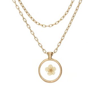Bella Uno Worn Gold Tone White Pressed Flower Layered Chain Pendant Necklace