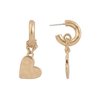 Bella Uno Worn Heart Charm Post Hoop Earrings