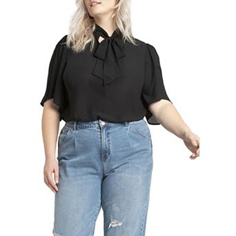 ELOQUII Women's Plus Size Bow Blouse With Flutter Sleeve