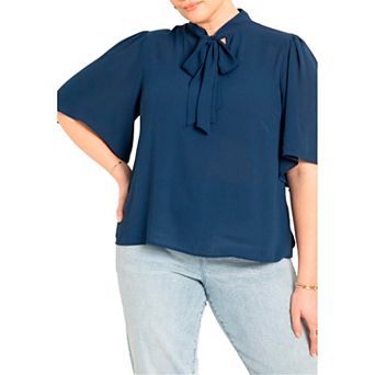 ELOQUII Women's Plus Size Bow Blouse With Flutter Sleeve