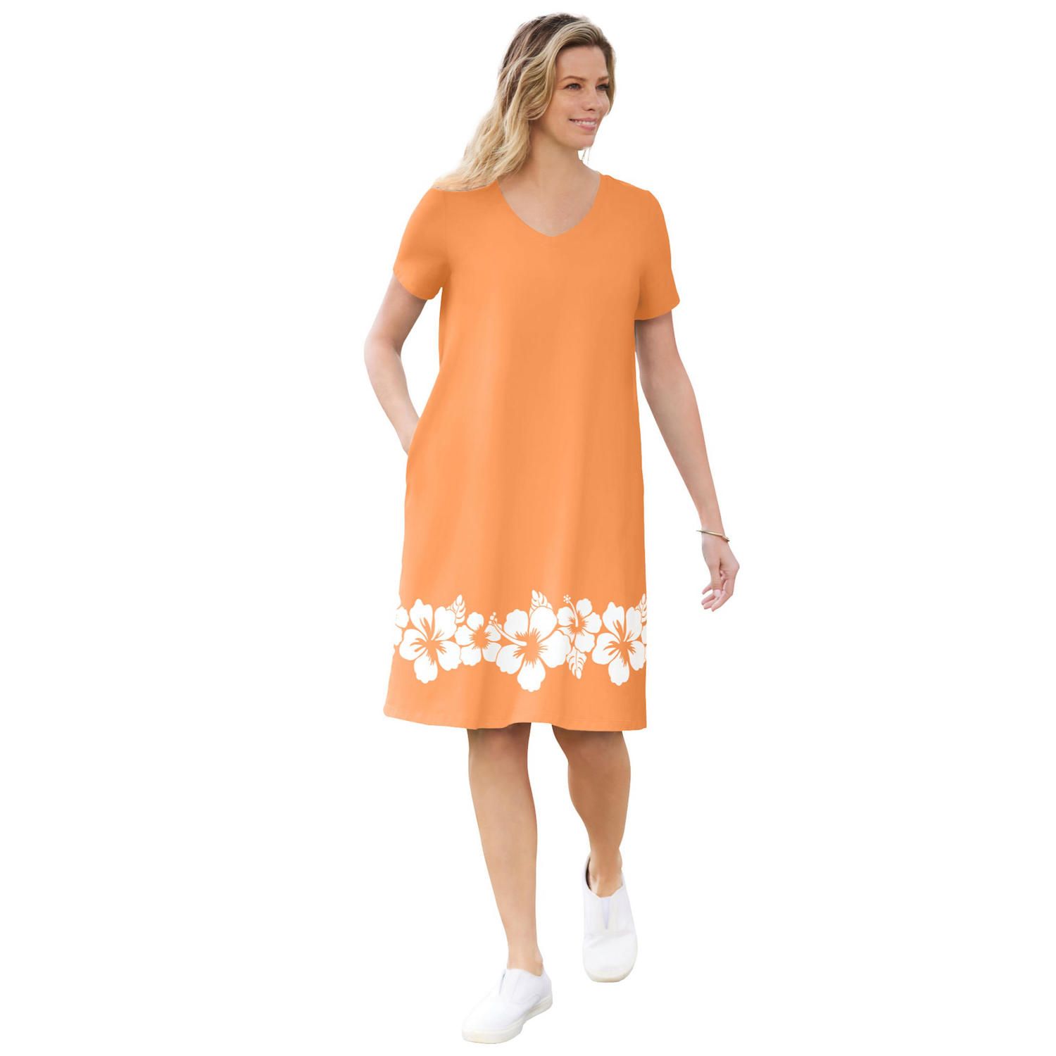 Женское платье Woman Within Plus Size Perfect Short-Sleeve V-Neck Tee, цвет: Тёмно-синий — фото 1