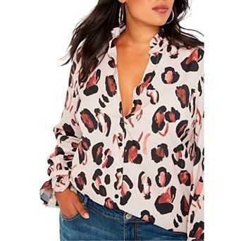 Eloquii Women's Plus Size Printed Button Down Shirt With Ruffle Neck