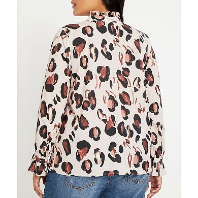 Eloquii Women's Plus Size Printed Button Down Shirt With Ruffle Neck