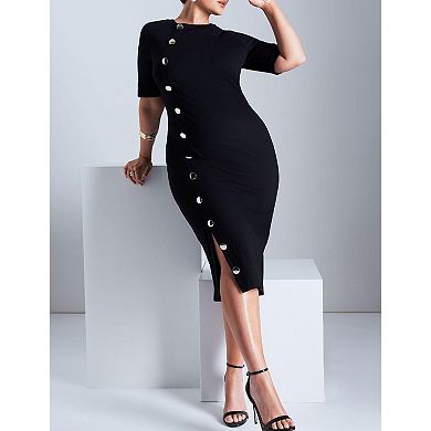 ELOQUII Women's Plus Size Button Front Workwear Dress