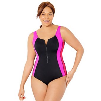 Swimsuits for All Women's Chlorine Resistant Zip Front One Piece Swimsuit