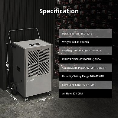 216 Pint Commercial Dehumidifier With Built-in Pump For Space Up To 8,500 Sq.ft
