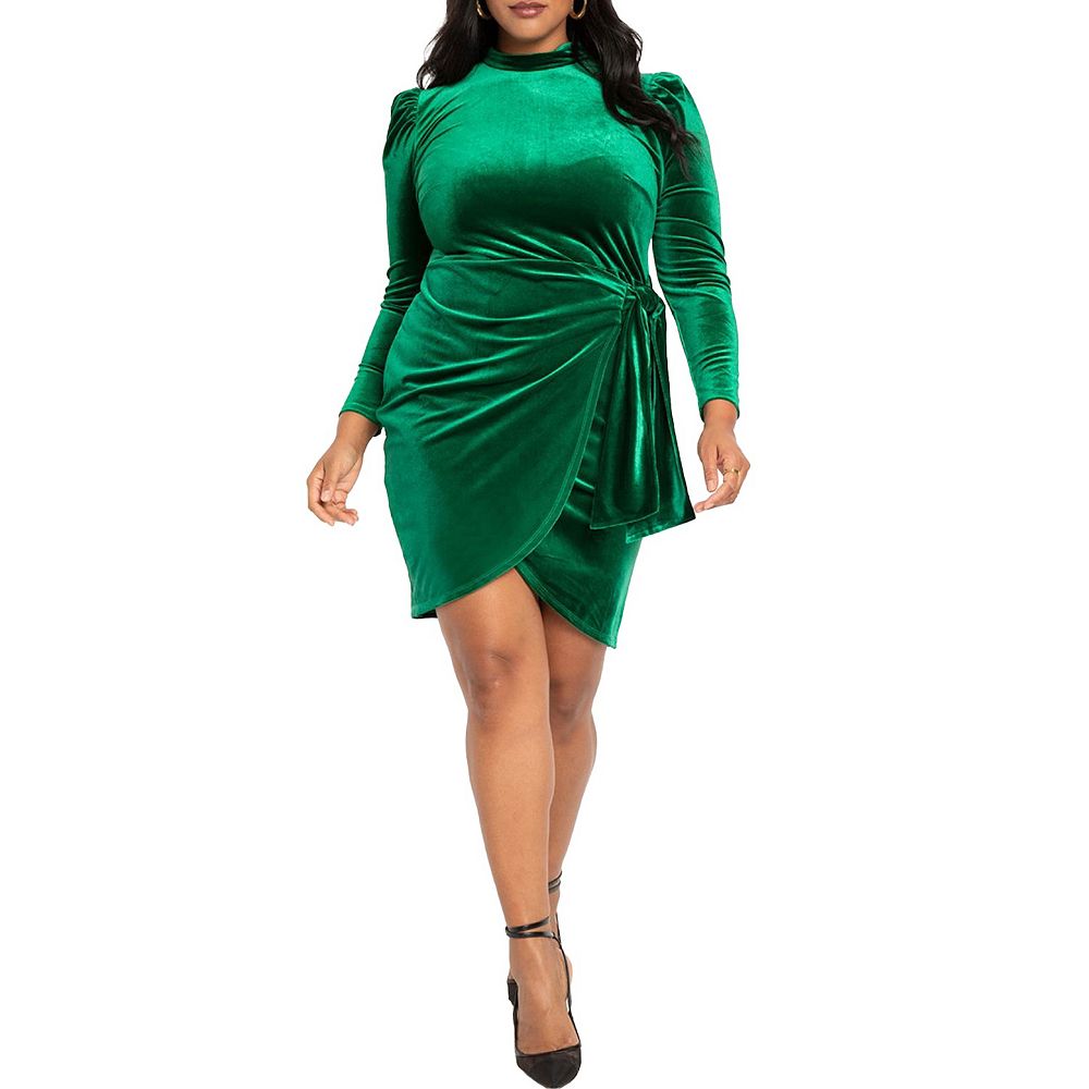 plus size green velvet dress ELOQUII Women's Mini with Wrap Skirt cap sleeves Emerald Bridesmaid Dress Velvet Size