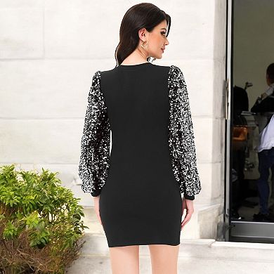 Women's Sequin Bishop Long Sleeve Round Neck Pullover Dress
